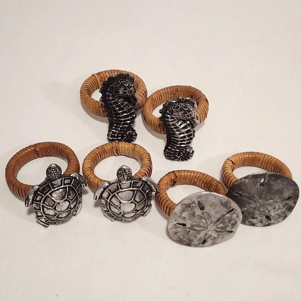 6 Coastal Napkin Rings Rattan Metal Sea Turtle Seahorse Sand Dollar Silver